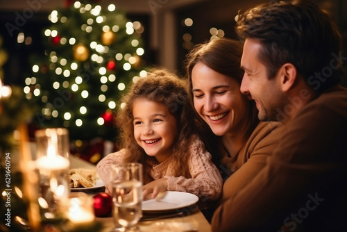 Winter holidays and people concept - happy family at the table celebrating christmas and new year. Home holiday. Blurred background. Selective focus. © Anoo