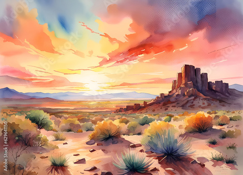 Watercolor painting of New Mexico desert at sunset