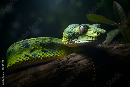 Bush Viper snake on moss covered fallen wood, neural network generated photorealistic image photo