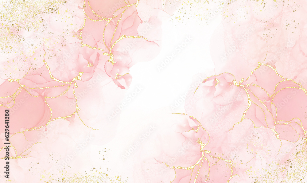 Pink alcohol ink mixed with glitter gold pattern elegant abstract ink flow art with translucent background. - obrazy, fototapety, plakaty 