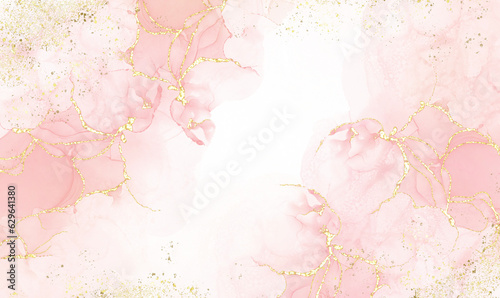 Pink alcohol ink mixed with glitter gold pattern elegant abstract ink flow art with translucent background. #629641380
