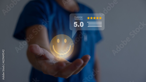 Bilde på lerret Hand businessman show happy smile relax face, good feedback rating, think positive, customer review, assessment, satisfaction, world mental health day, Calm mood, good mental health, good mood
