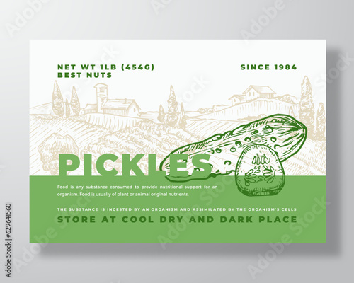 Pickles Food Label Template. Abstract Vector Vegetable Packaging Design Layout. Modern Typography Banner with Hand Drawn Cucumbers and Rural Landscape Background Isolated