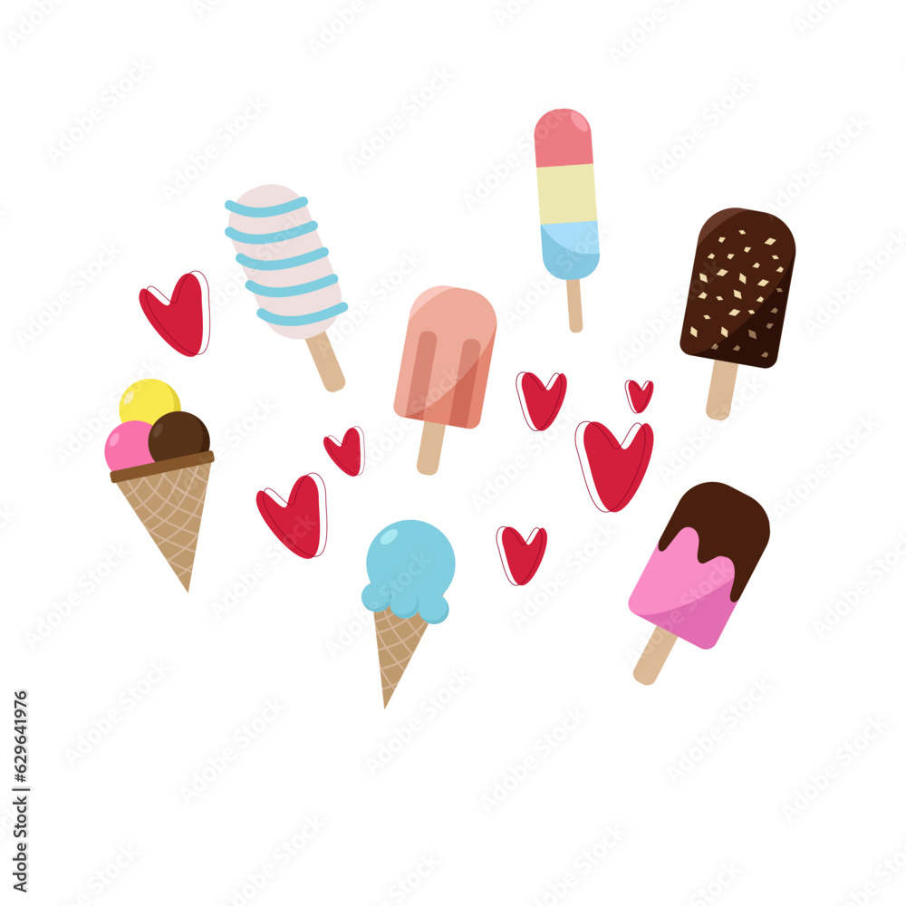Set of different ice cream. Vector flat design. Summer dessert. Popsicle, waffle cone. Set of different ice cream. Vector flat design. Summer dessert. Popsicle, waffle cone.