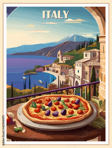 Italy Travel Destination Poster in retro style with pizza and mediterranean landscape on the background. Europian summer vacation, international holidays concept. Vintage vector colorful illustration.