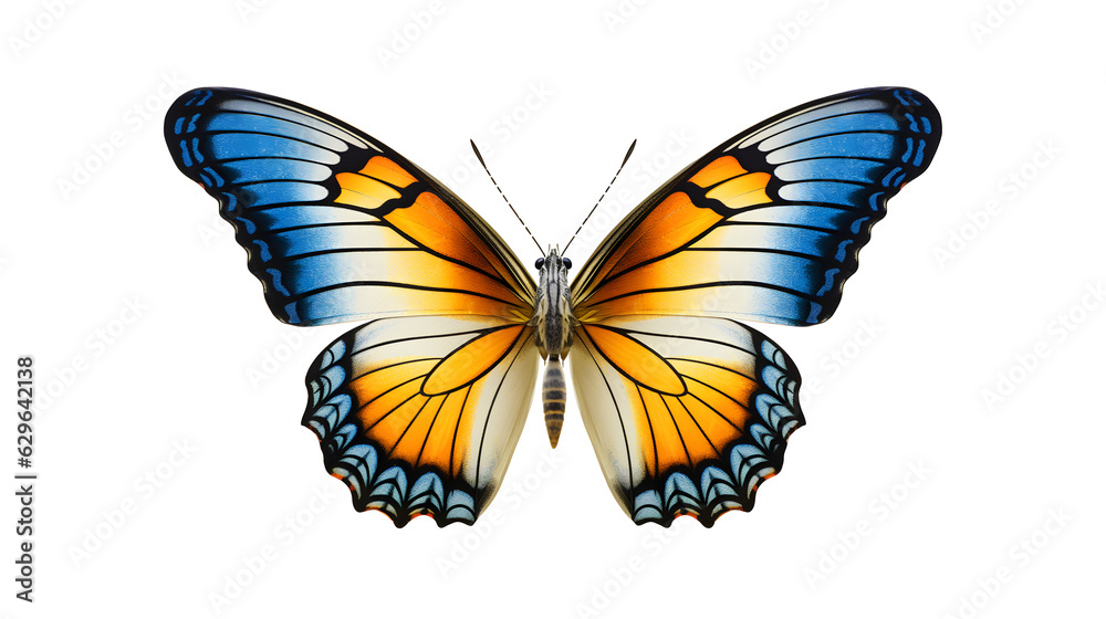 Fototapeta premium Multicolored butterfly for design, on transparent background, macro, incredible pollinator, top view, png file, generative AI