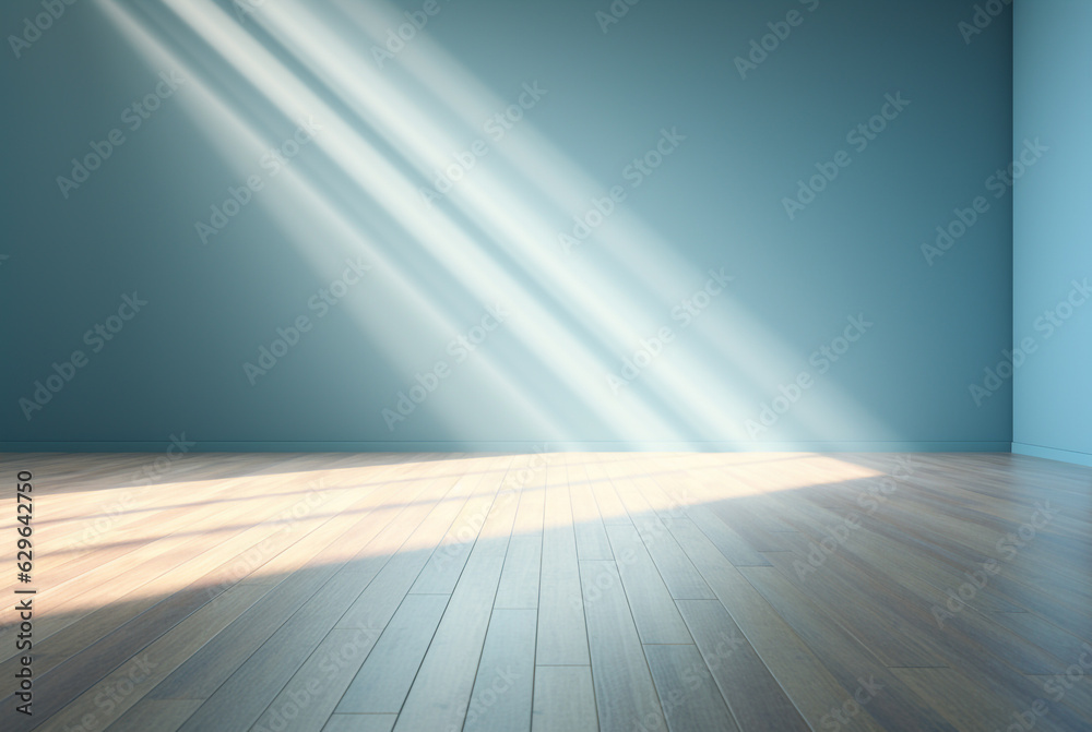 Background for product presentation, light blue wall and wooden parquet floor, sunrays and shadows from window