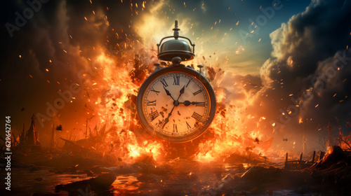 Fire explosion alarm clock, countdown expires, time bomb, timeout concept. Generative AI