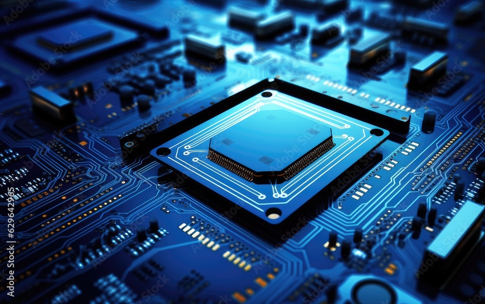 Shot of Generic Printed Circuit board with Microchips and other Components During Production Process. Electronics Manufacturing. Created with Generative AI technology. Shot of Generic Printed Circuit board with Microchips and other Components During Production Process. Electronics Manufacturing. Created with Generative AI technology.