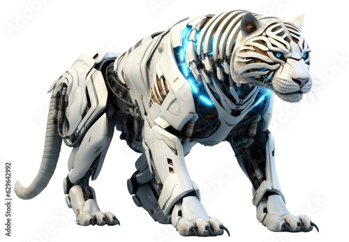 Robotic white tiger png, mechanical cyber animal isolated on transparent background, cybernetic robot © OpticalDesign