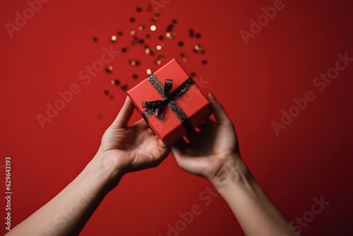 Gift in female hands on a red colored background top view. Generative AI © Agustin