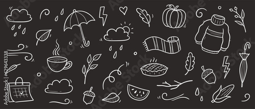 Autumn doodle vector chalkboard set. Hand drawn doodle sketch style nature fall season  autumn icon background. Autumn falling leaves  wind season  umbrella sketch elements. Vector illustration