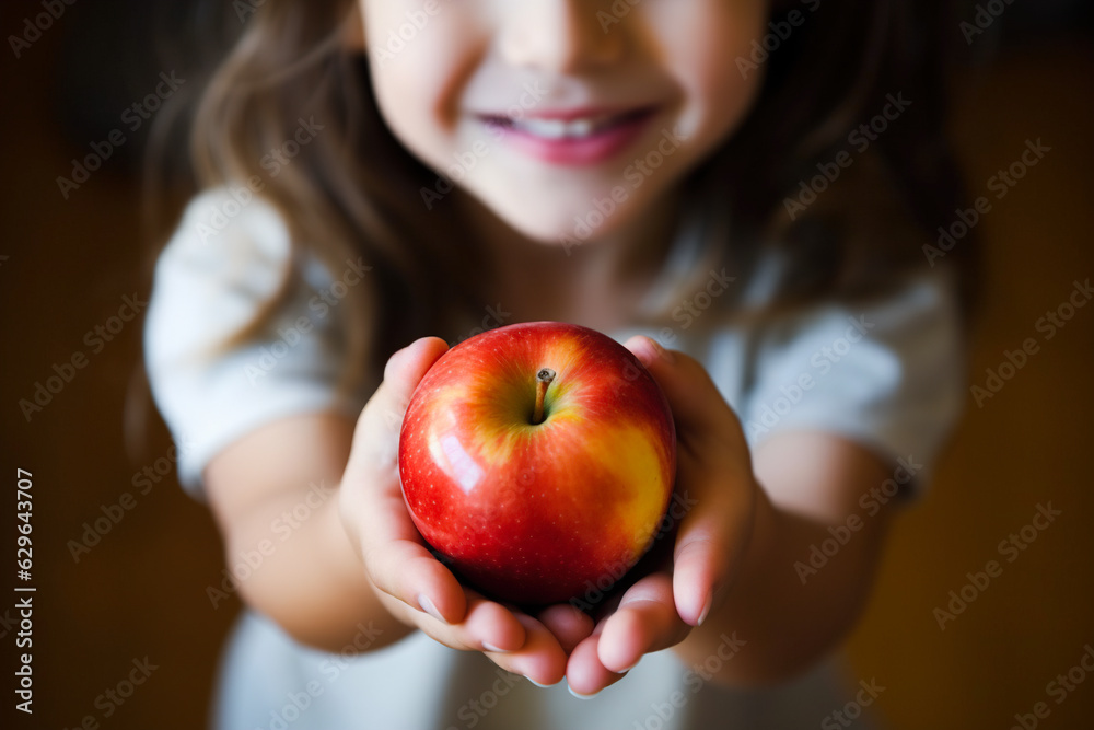 Red juicy apple in the outstretched hands of a little girl Red juicy apple in the outstretched hands of a little girl