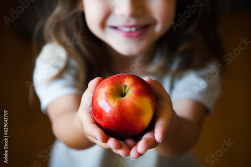Red juicy apple in the outstretched hands of a little girl