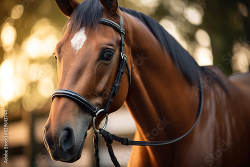 Harnessed сlose-up head brown horse 