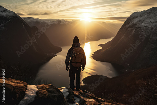 Contemplative person sitting on the edge. Stunning view in mountainous landscape. Generative AI.