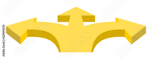 Arrow that forks into three. Yellow arrow isolated on white. Three possible paths to follow, decision making.
