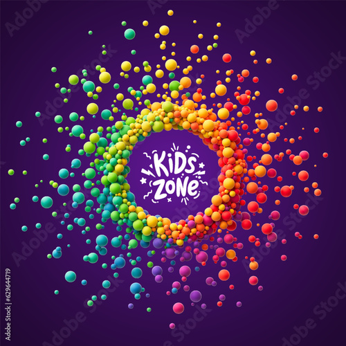 Many colorful rainbow balls in different sizes forming in circle frame for kids theme or celebration. Circle banner with multicolored flying spheres with empty place for your text. Vector illustration