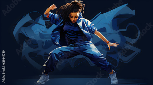 Fotografija danseuse de hip hop, illustration sur fond bleu foncé