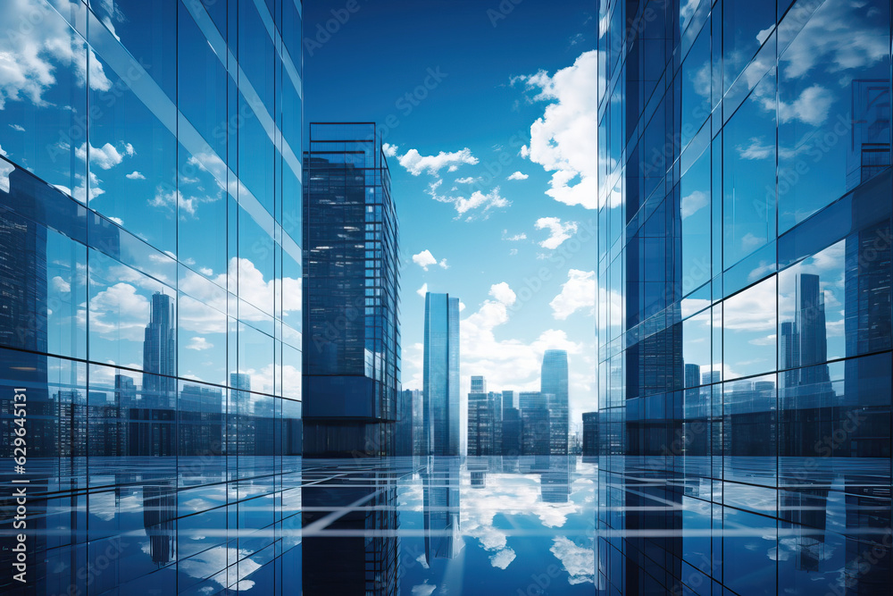 Reflective Skyscrapers: High-Rise Business Office Buildings with Captivating Blue Sky and White Cloud Reflections Reflective Skyscrapers: High-Rise Business Office Buildings with Captivating Blue Sky and White Cloud Reflections