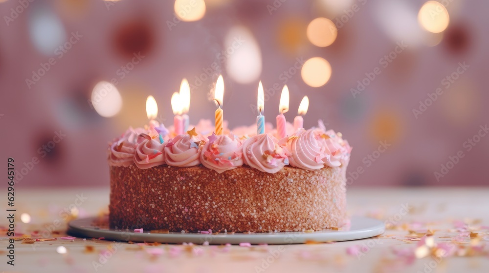A festive birthday cake with lighted candles stands on a stand on the table. A festive birthday cake with lighted candles stands on a stand on the table.