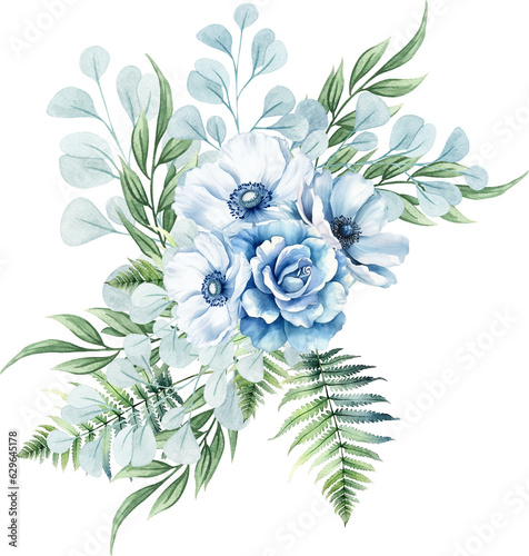 Floral arrangement isolated on white. bouquet with blue flowers, ferns, and eucalyptus twigs. 