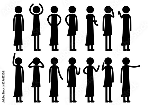 女性のスマートなピクトグラムセット。色々なポーズの人物シルエット。