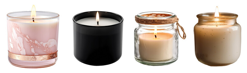 Beautiful wax candles, candles in glass holders isolated on transparent background