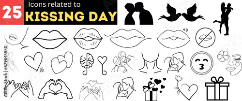Kissing day icon set with 25 icons, representing different ways of expressing love and affection through kisses, such as butterfly, Eskimo, French, and more, in simple and elegant style.