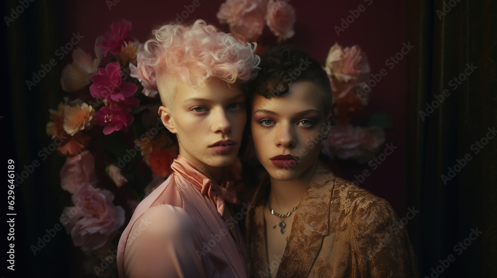 Junges queeres und androgynes Paar in einem Raum mit Blumen im Retro und Vintage Stil Junges queeres und androgynes Paar in einem Raum mit Blumen im Retro und Vintage Stil