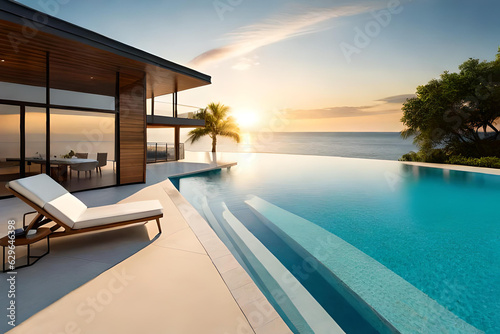 image of a luxurious swimming pool with loungers, umbrellas, palm trees, a beach, the sea