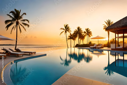 image of a luxurious swimming pool with loungers  umbrellas  palm trees  a beach  the sea