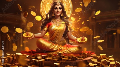 Indian festival Dhanteras and Diwali worship background with Goddess Lakshmi, Laxmi golden coins stock.illustration photo