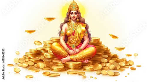 Indian festival Dhanteras and Diwali worship background with Goddess Lakshmi, Laxmi golden coins stock.illustration photo