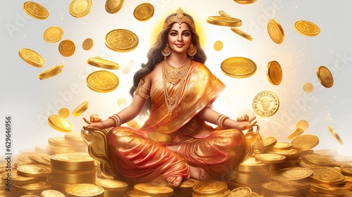 Indian festival Dhanteras and Diwali worship background with Goddess Lakshmi, Laxmi golden coins stock.illustration photo