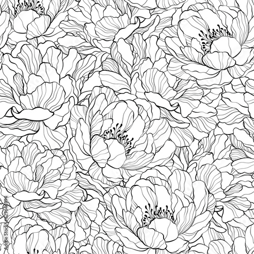 Outline seamless pattern design with peony flower.
