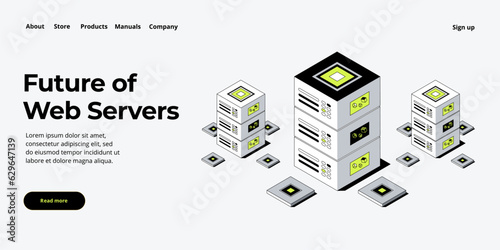 Hosting server isometric vector illustration. Abstract 3d datacenter or data center room background. Network mainframe infrastructure website header layout. Computer storage or farming workstation.