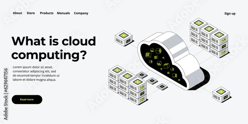 Cloud storage download isometric vector illustration. Digital service or app with data transfering. Online computing technology. 3d servers and datacenter connection network.