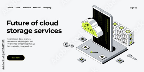 Cloud storage download isometric vector illustration. Digital service or app with data transfering. Online computing technology. 3d servers and datacenter connection network.