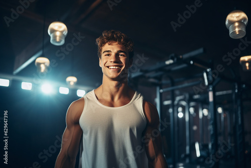 Fitness, exercise and portrait of a smiling man at gym for a training workout, white shirt with strong muscles concept of power and motivation