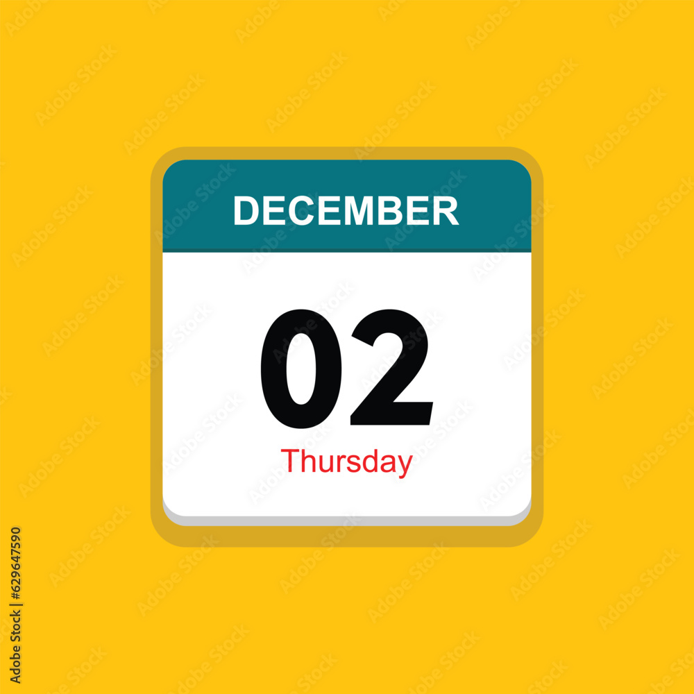 thursday 02 december icon with yellow background, calender icon