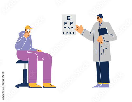 Doctor ophthalmologist standing near eye test chart, oculist checks the patients vision vector flat illustration © Kudryavtsev