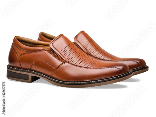 Brown elegant leather slip on men’s shoes isolated on transparent or white background, png