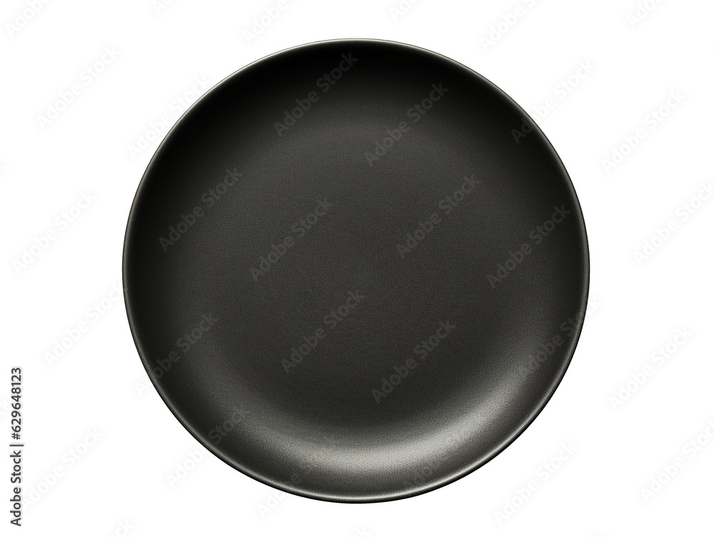 Black ceramic plate isolated on transparent or white background, top view, png
