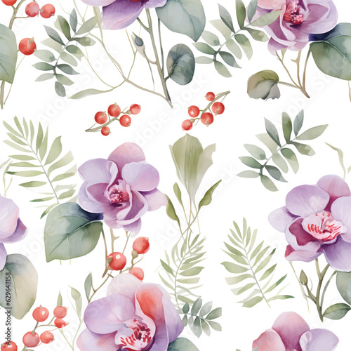 Watercolor floral seamless pattern with orchid flowers on white background. Decorative background in rustic boho style for wedding invite, fabric