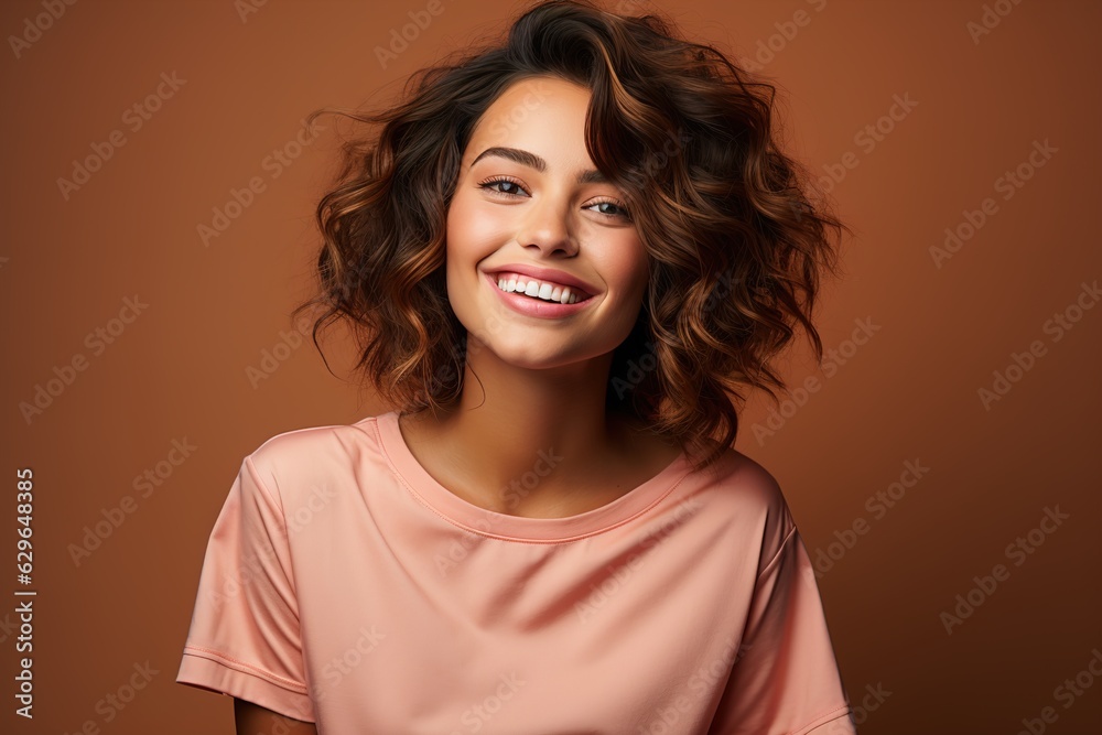portrait of a laughing girl on a pink background portrait of a laughing girl on a pink background