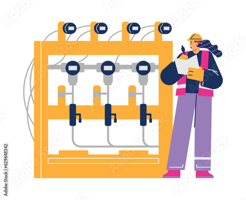 Engineer woman records data from metering devices at pipe station, vector oil and gas production and processing system