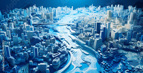blue white and cool colors river going through the modern city hd wallpaper. Generative Ai content