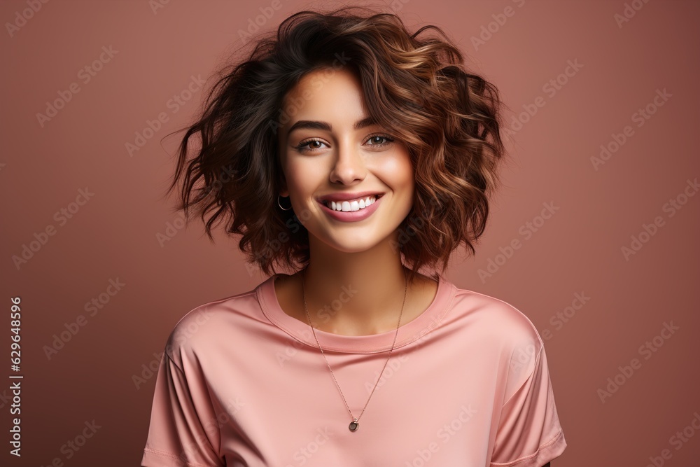 beautiful young woman smiling on a pink background beautiful young woman smiling on a pink background