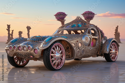 Futuristic Fantasy in the Desert: Unconventional Vehicle Embraces Psychedelic Surrealism. Generative AI.